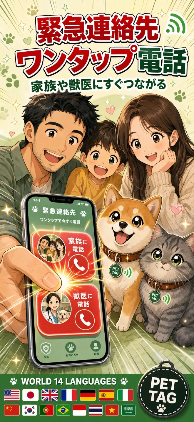 PET TAGアプリ：緊急連絡先にワンタップで電話 家族や獣医にすぐつながる画面