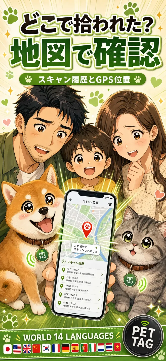 PET TAGアプリ：スキャン履歴とGPS位置を地図で確認する画面