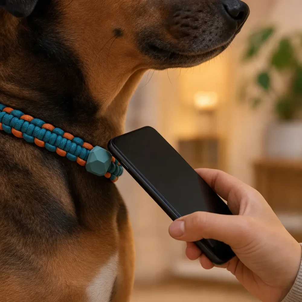 首輪のPET TAGにスマホをかざす様子